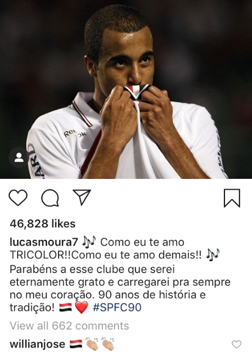 Willian Jose comments on Lucas Moura Instagram post