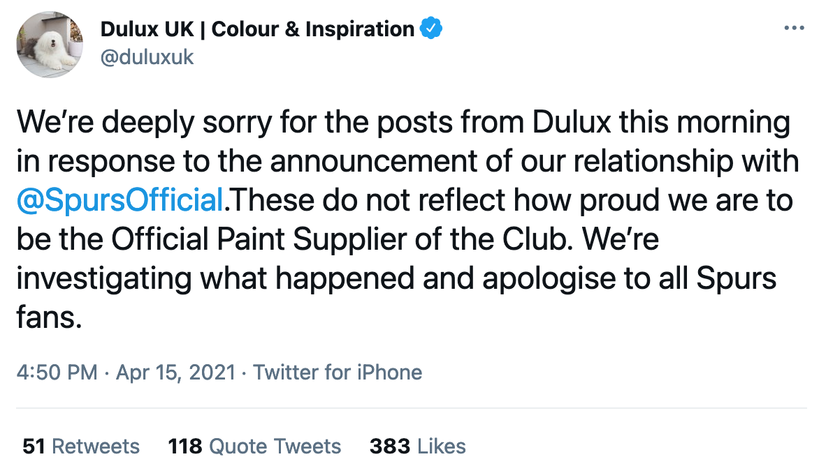Dulux apologises after making fun of Spurs - immediately after being named  their new sponsor, UK News