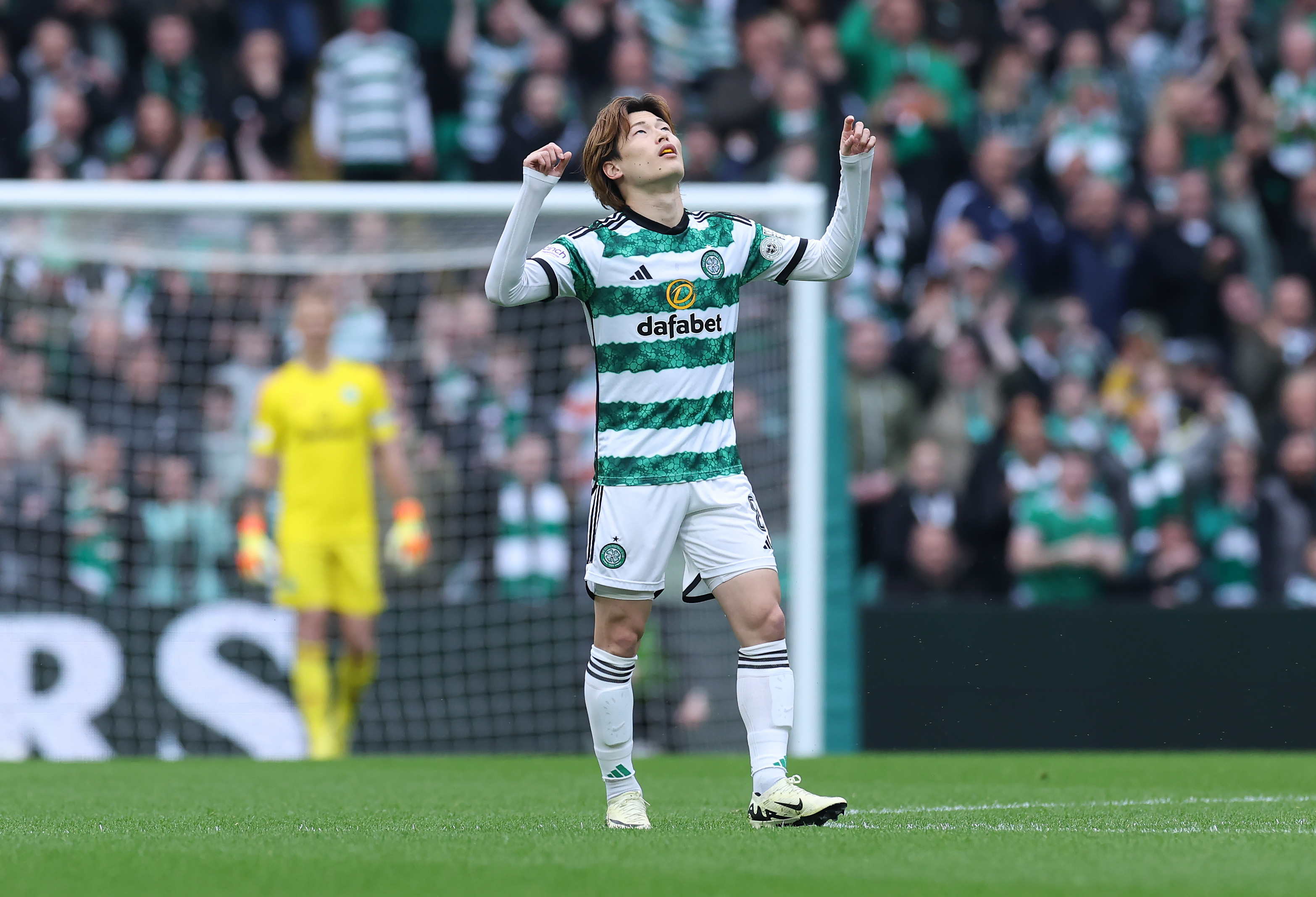 Kyogo Furuhashi of Celtic celebrates scoring a goal