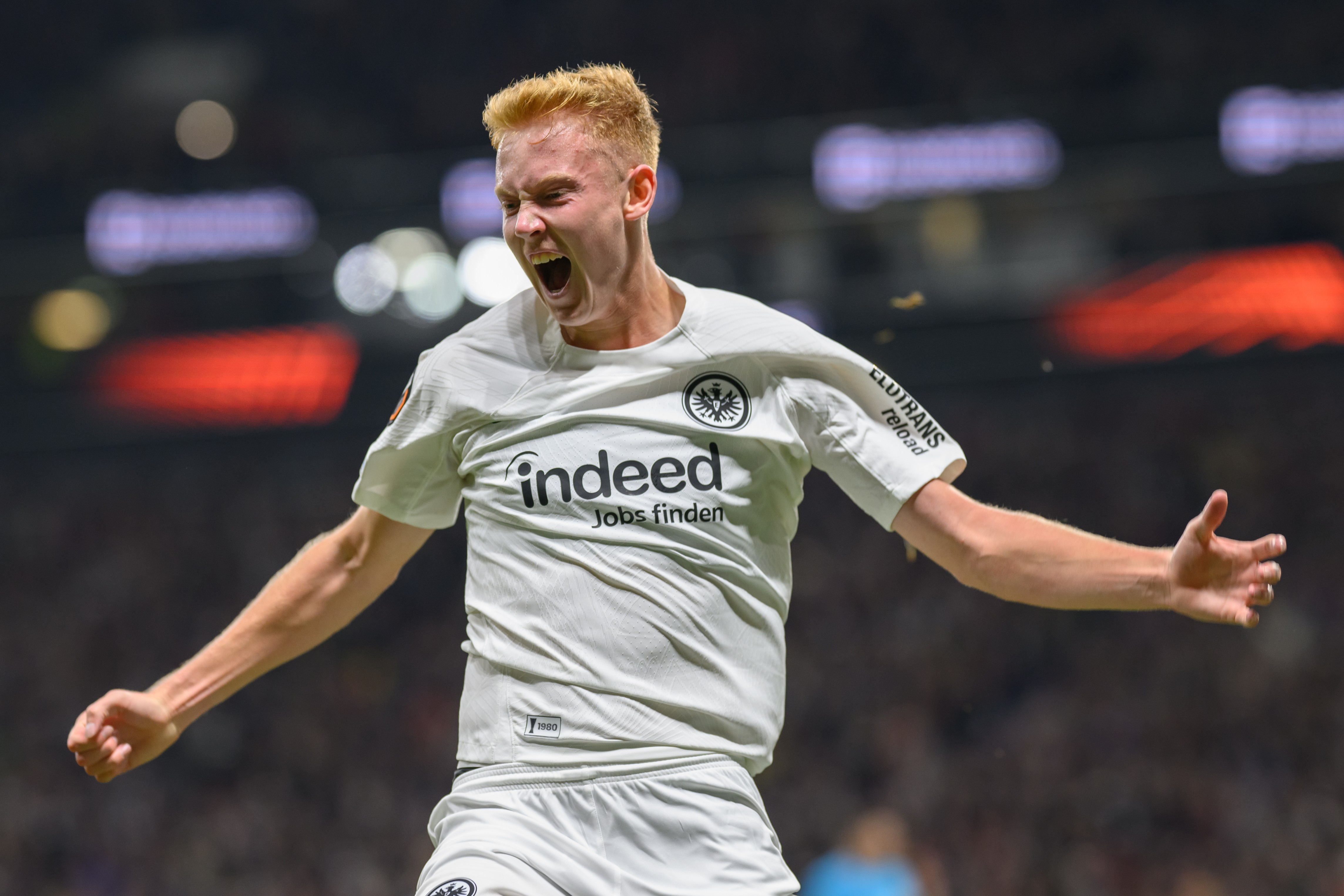 Hugo Larsson of Eintracht Frankfurt celebrates after scoring