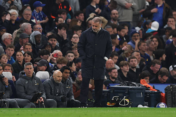 Ange Postecoglou, Manager of Tottenham Hotspur, looks dejected during the Premier League match between Chelsea FC and Tottenham Hotspur
