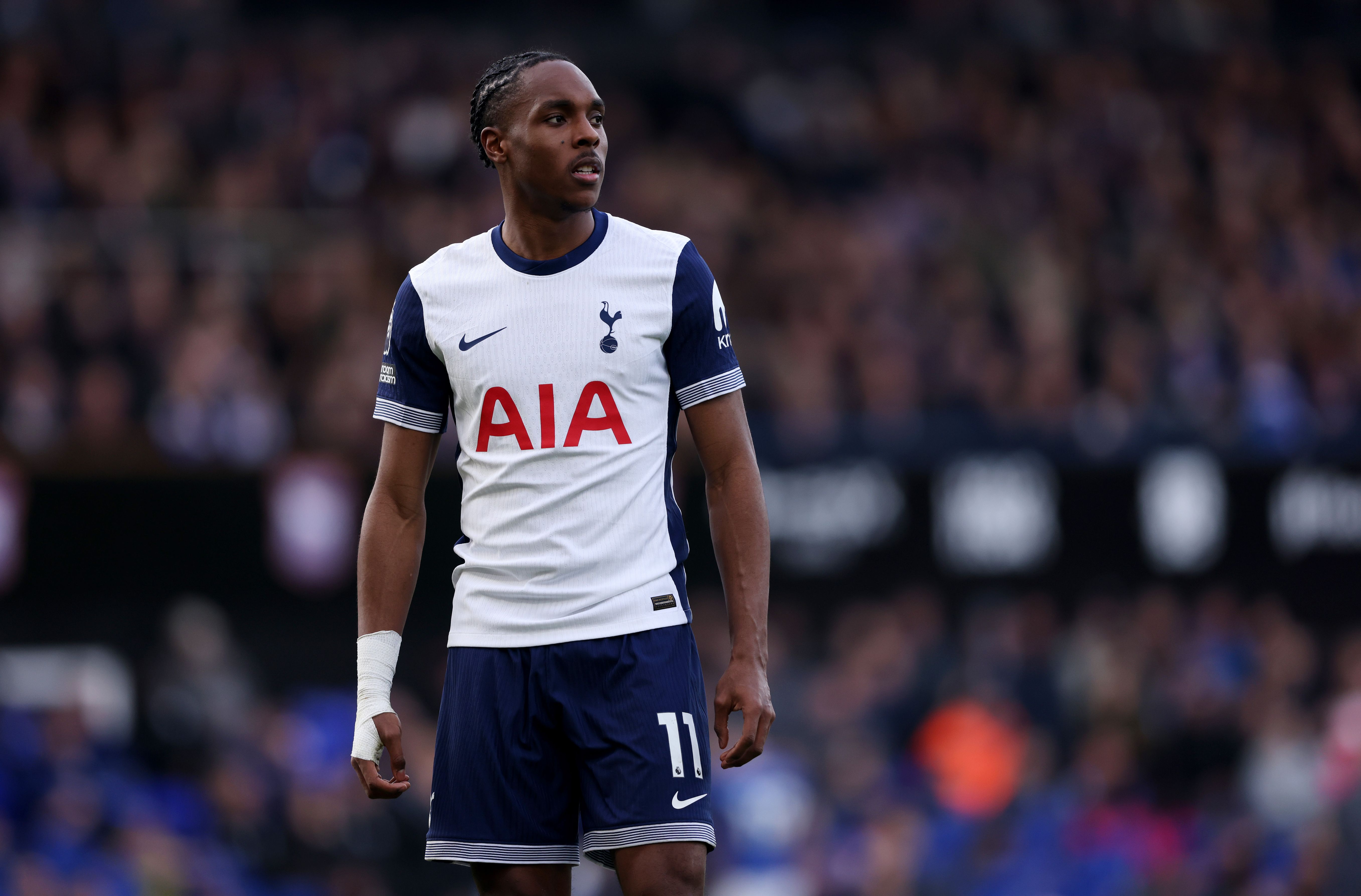 Mathys Tel of Tottenham Hotspur looks on during a Premier League match