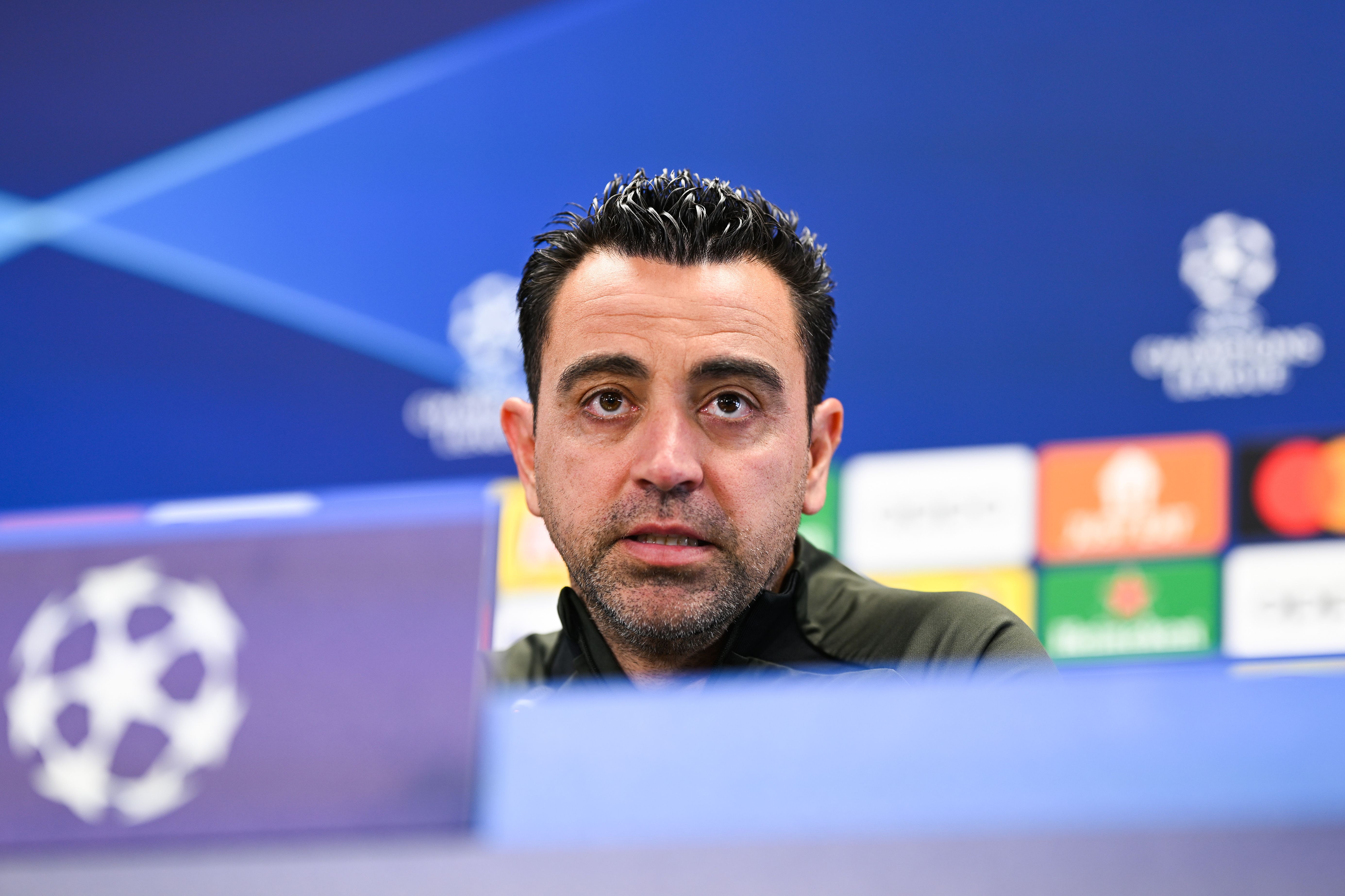 Head Coach Xavi Hernandez of FC Barcelona faces the media during a press conference