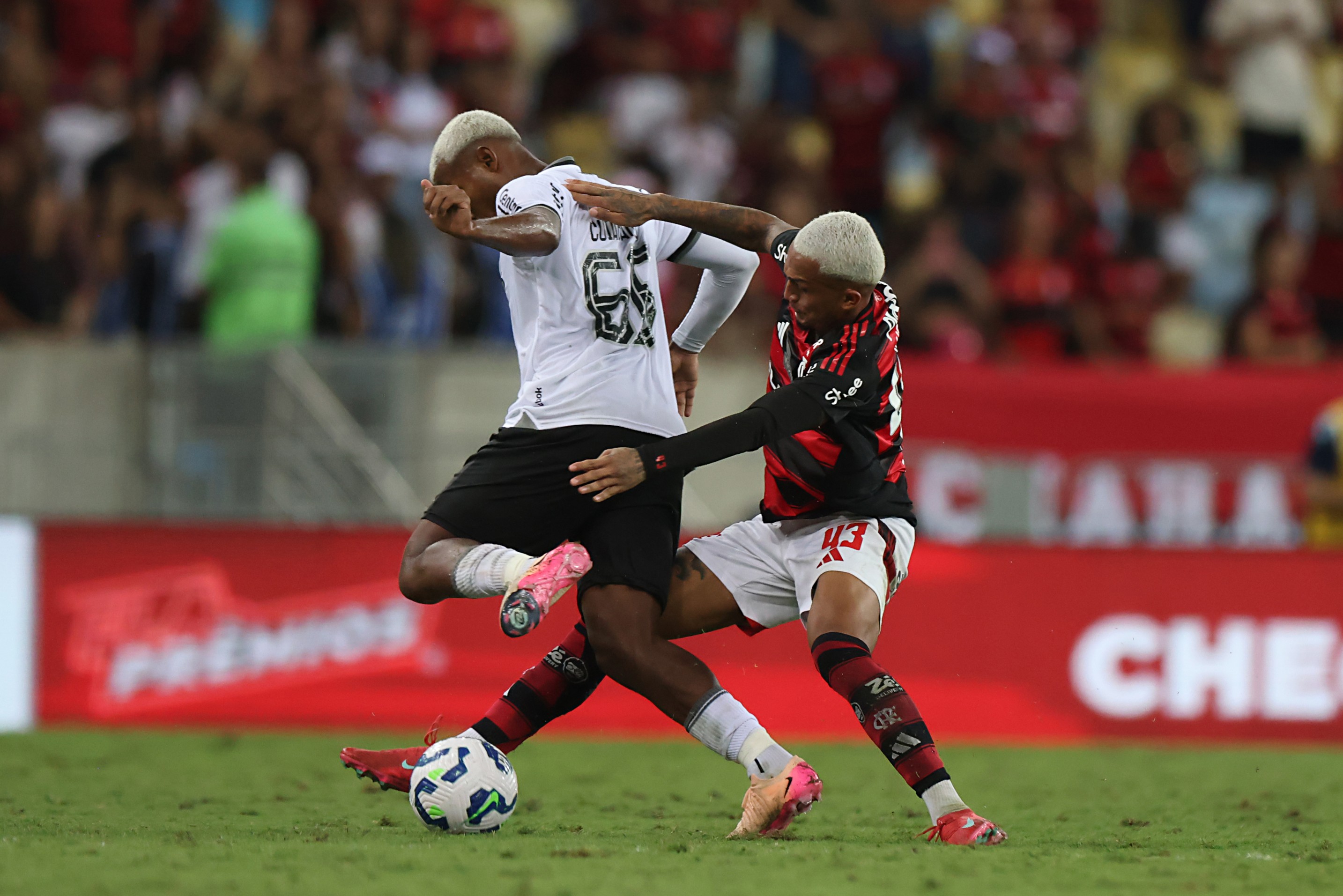 Cuiabano (L) of Botafogo and Wesley of Flamengo fight for the ball
