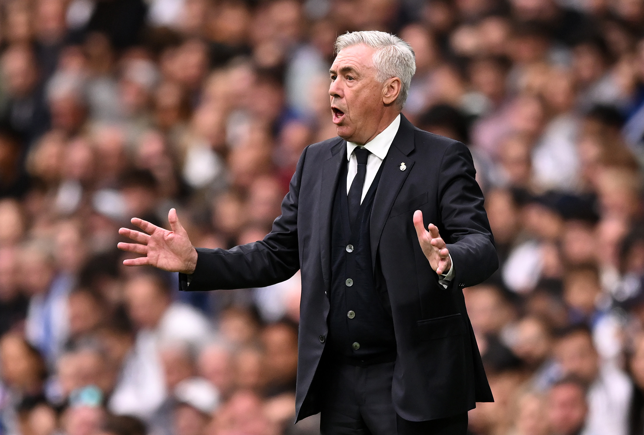 Carlo Ancelotti, Head Coach of Real Madrid, reacts during a LaLiga match