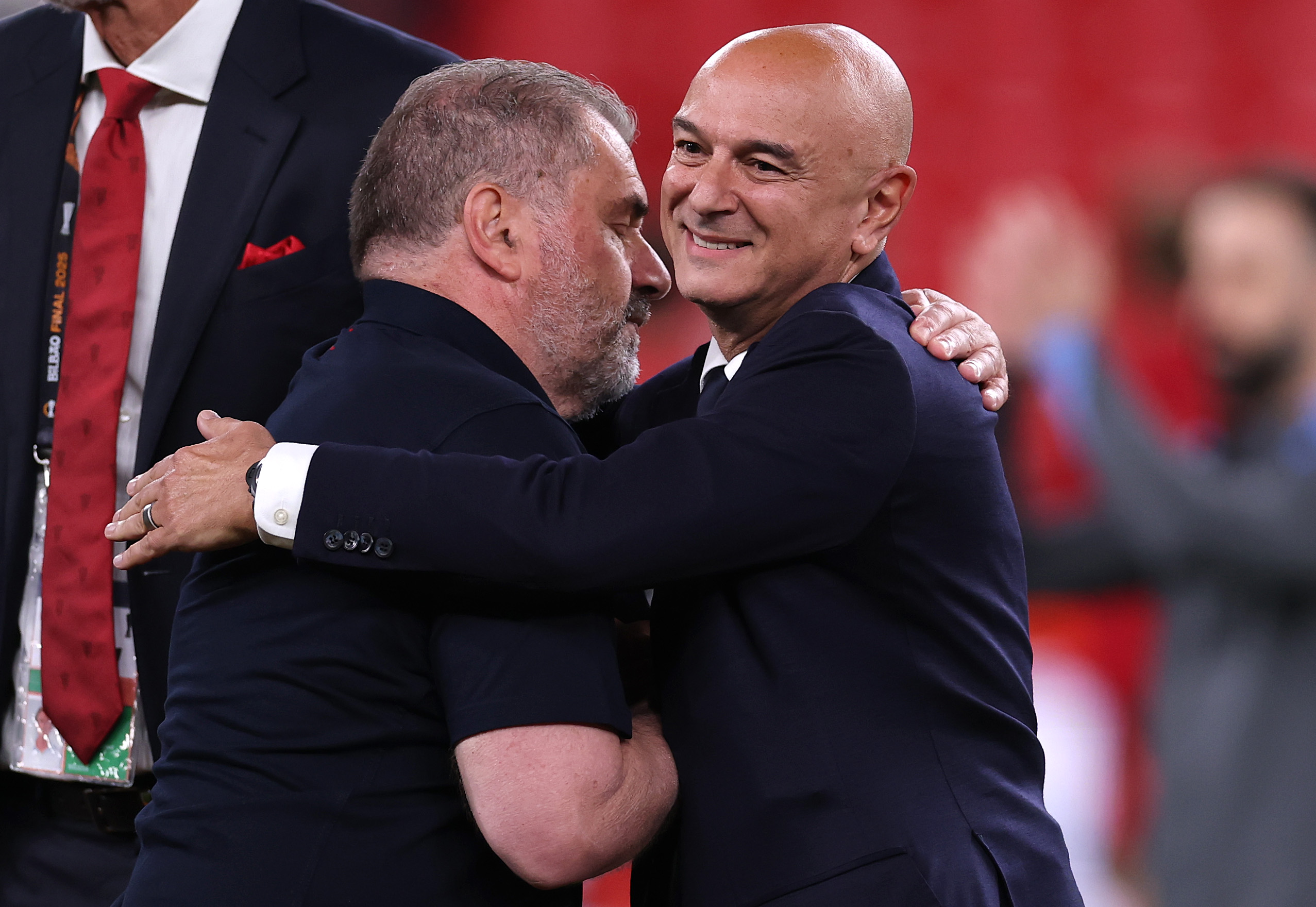 Daniel Levy, Chairman of Tottenham Hotspur, greets Ange Postecoglou