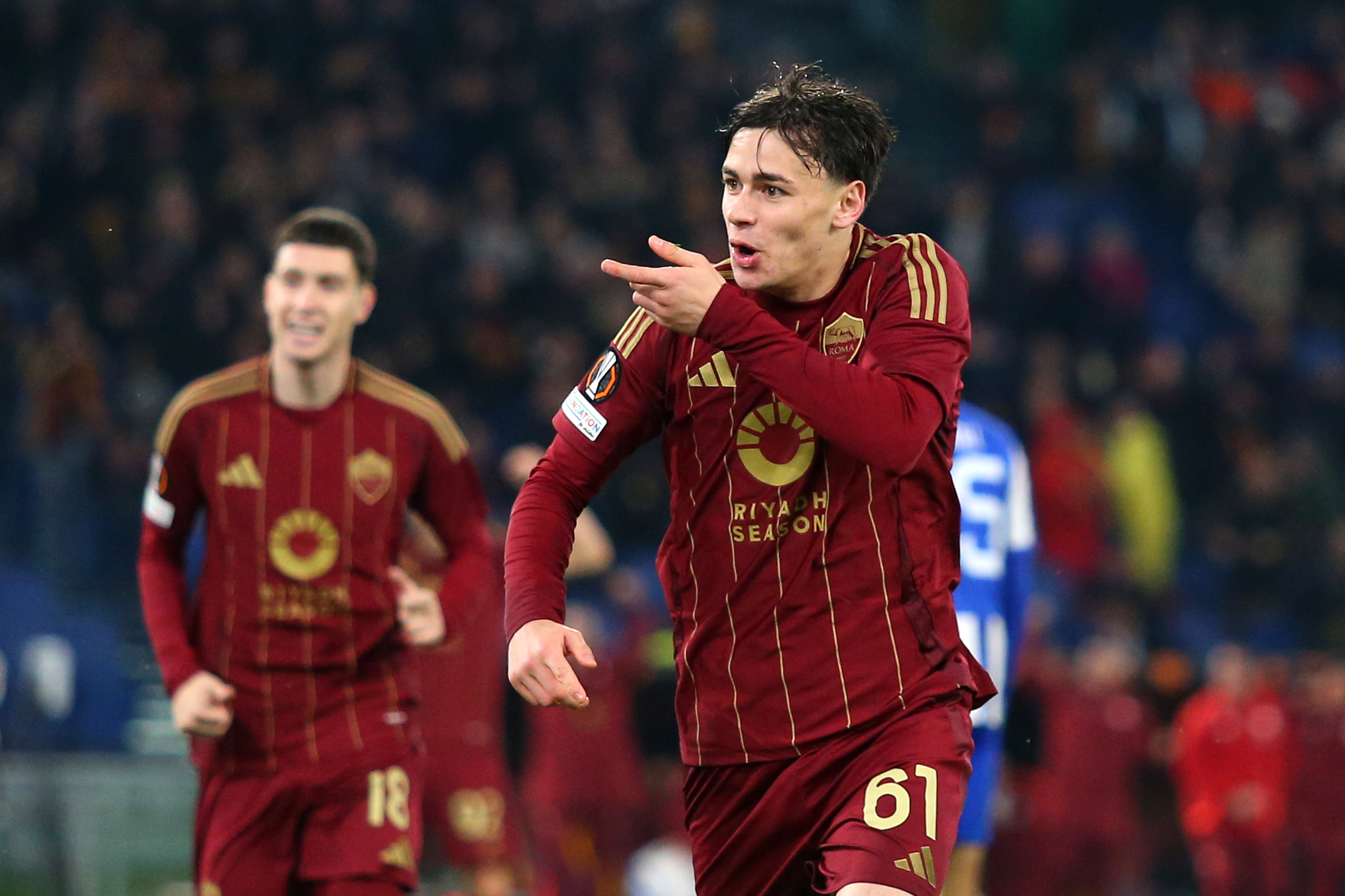 Niccolo Pisilli of AS Roma celebrates scoring