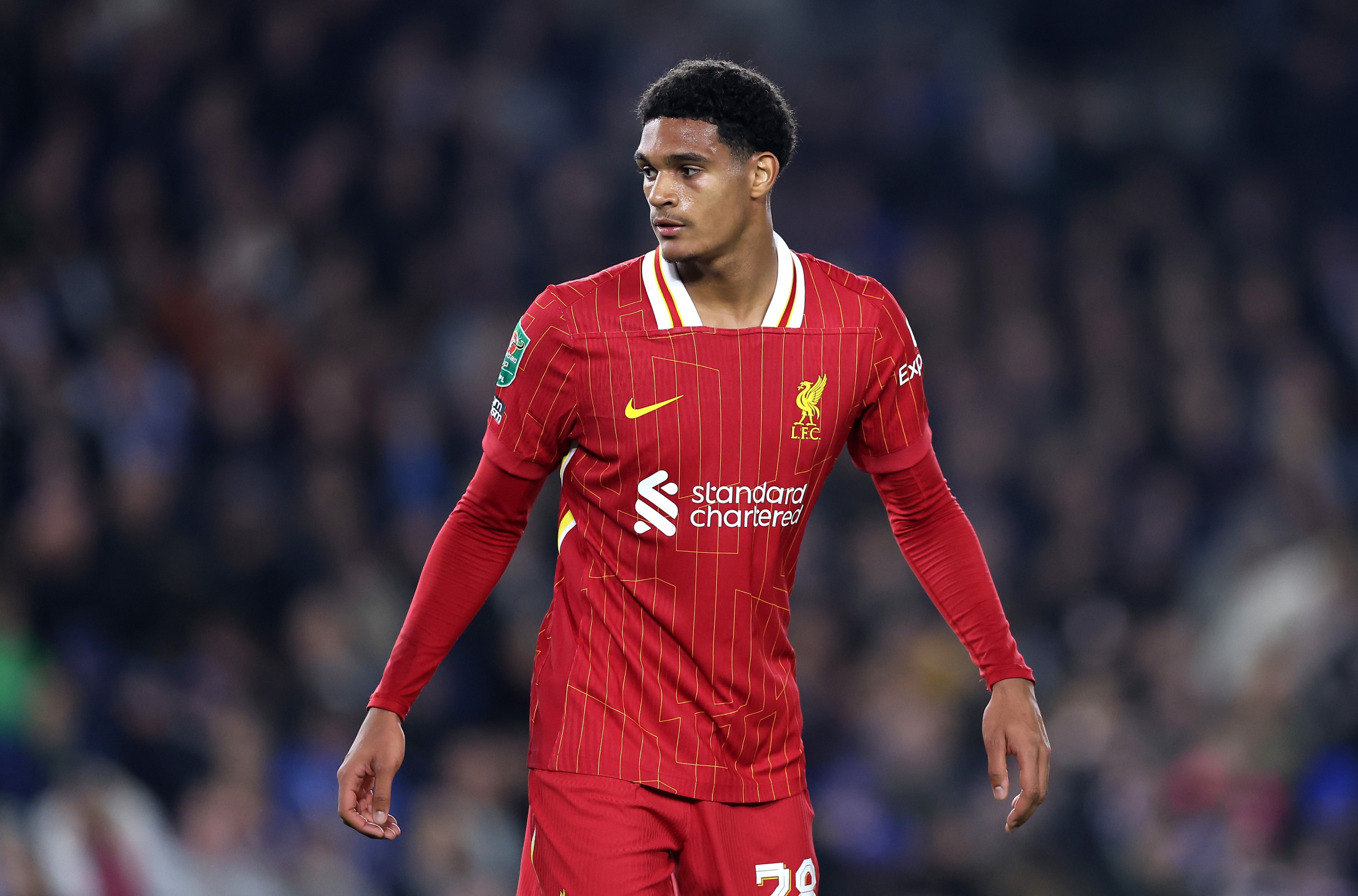 Jarell Quansah of Liverpool looks on during the Carabao Cup Fourth Round match against Brighton