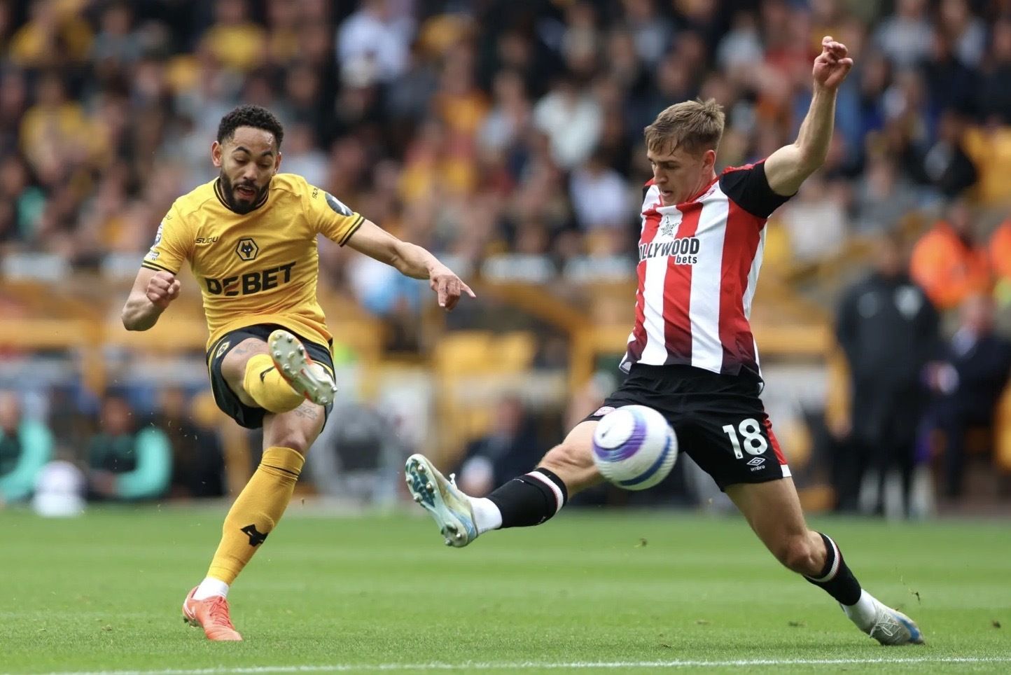 Matheus Cunha of Wolverhampton Wanderers shoots whilst under pressure from Yehor Yarmolyuk of Brentford