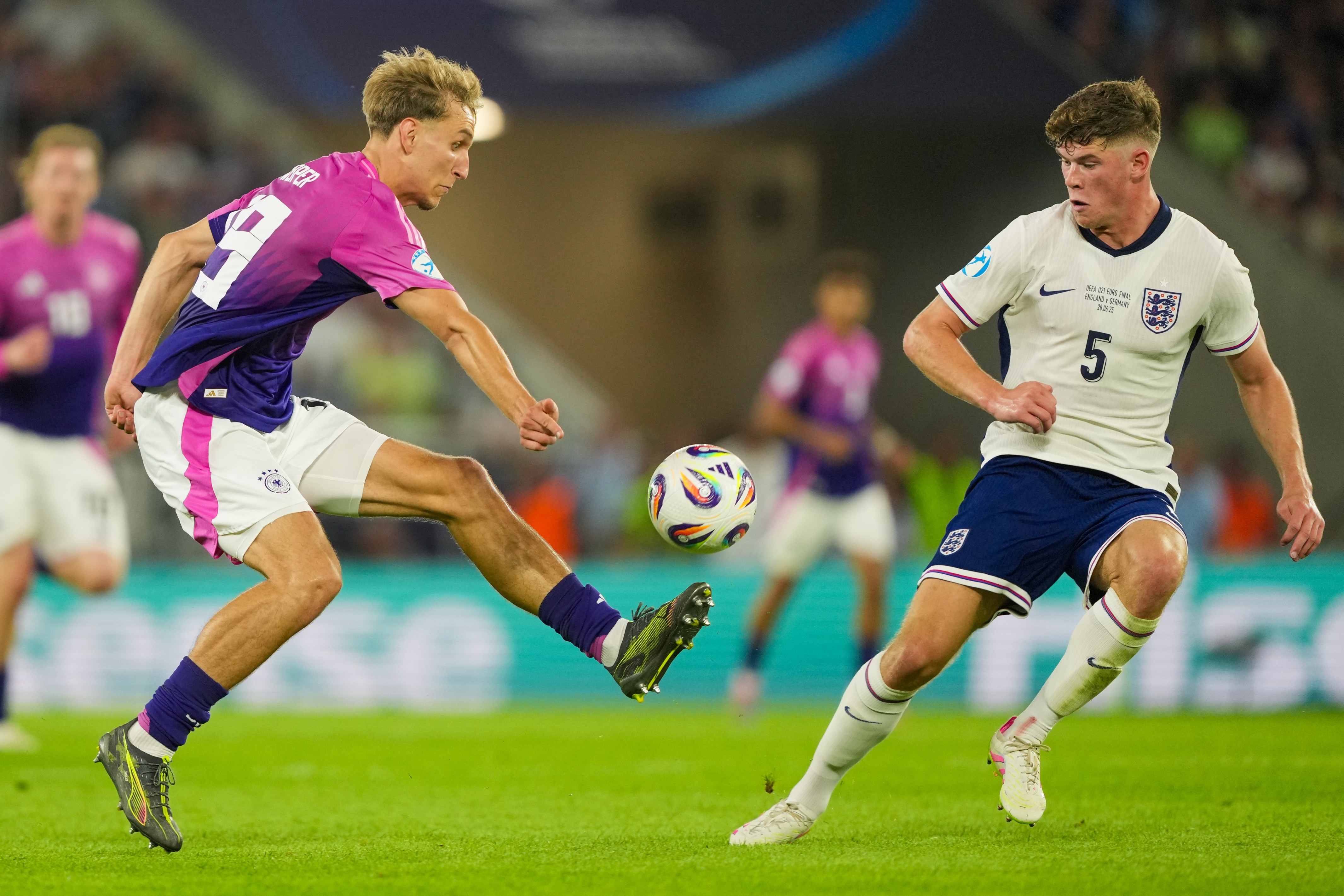 Nelson Weiper of U21 Germany in action against Charlie Cresswell of U21 England