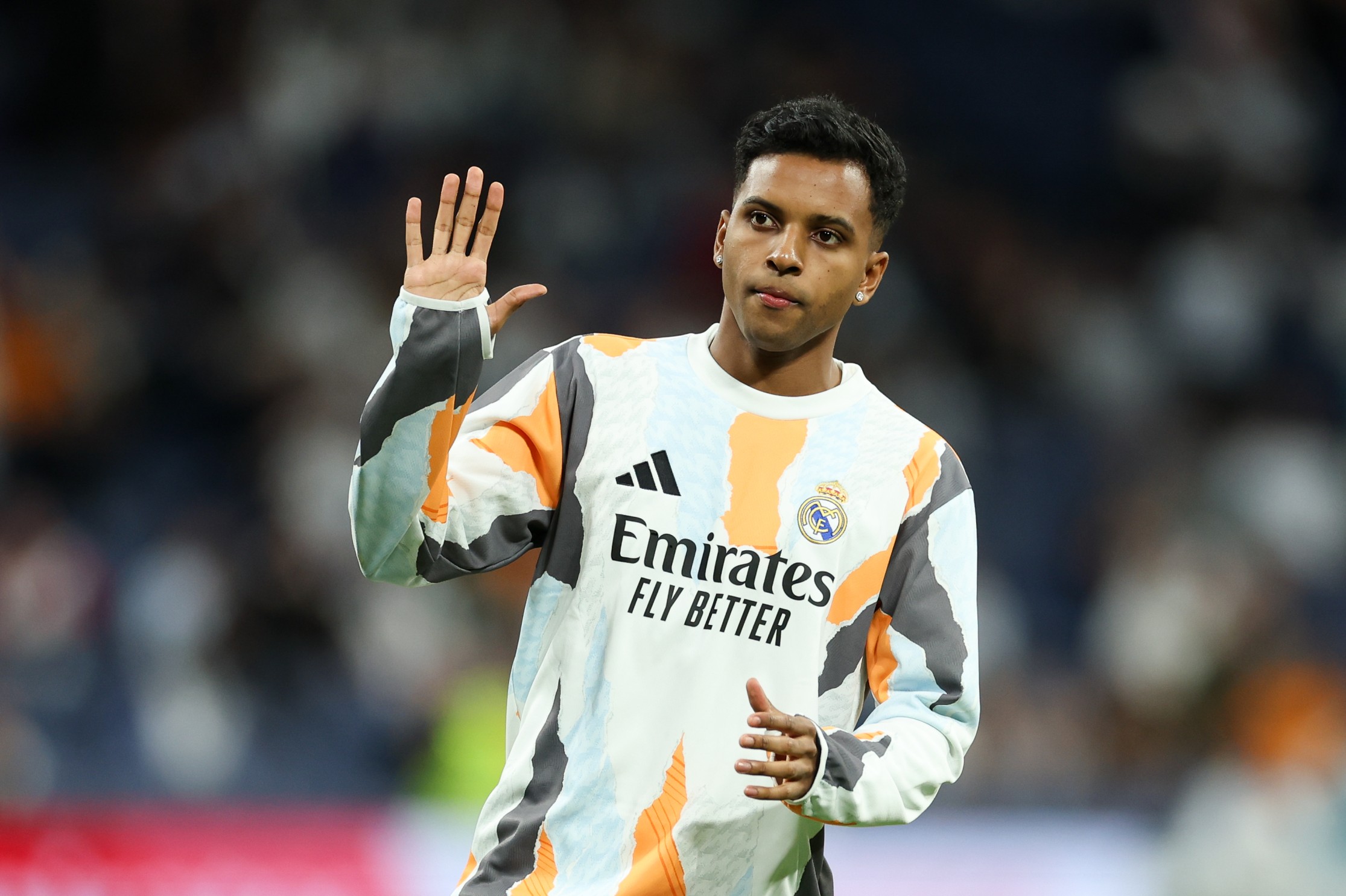Rodrygo Goes gestures before a match with Real Madrid