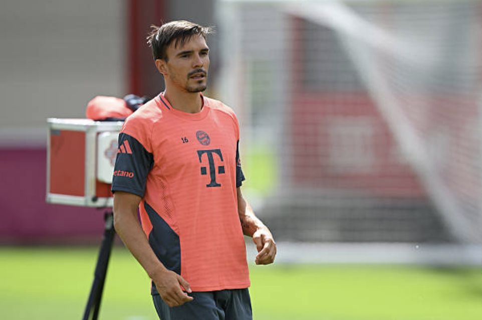 Joao Palhinha of FC Bayern Muenchen looks on during a training session at the Saebener Strasse training ground on July 31, 2025 in Munich, Germany. (Photo by Sebastian Widmann/Getty Images)