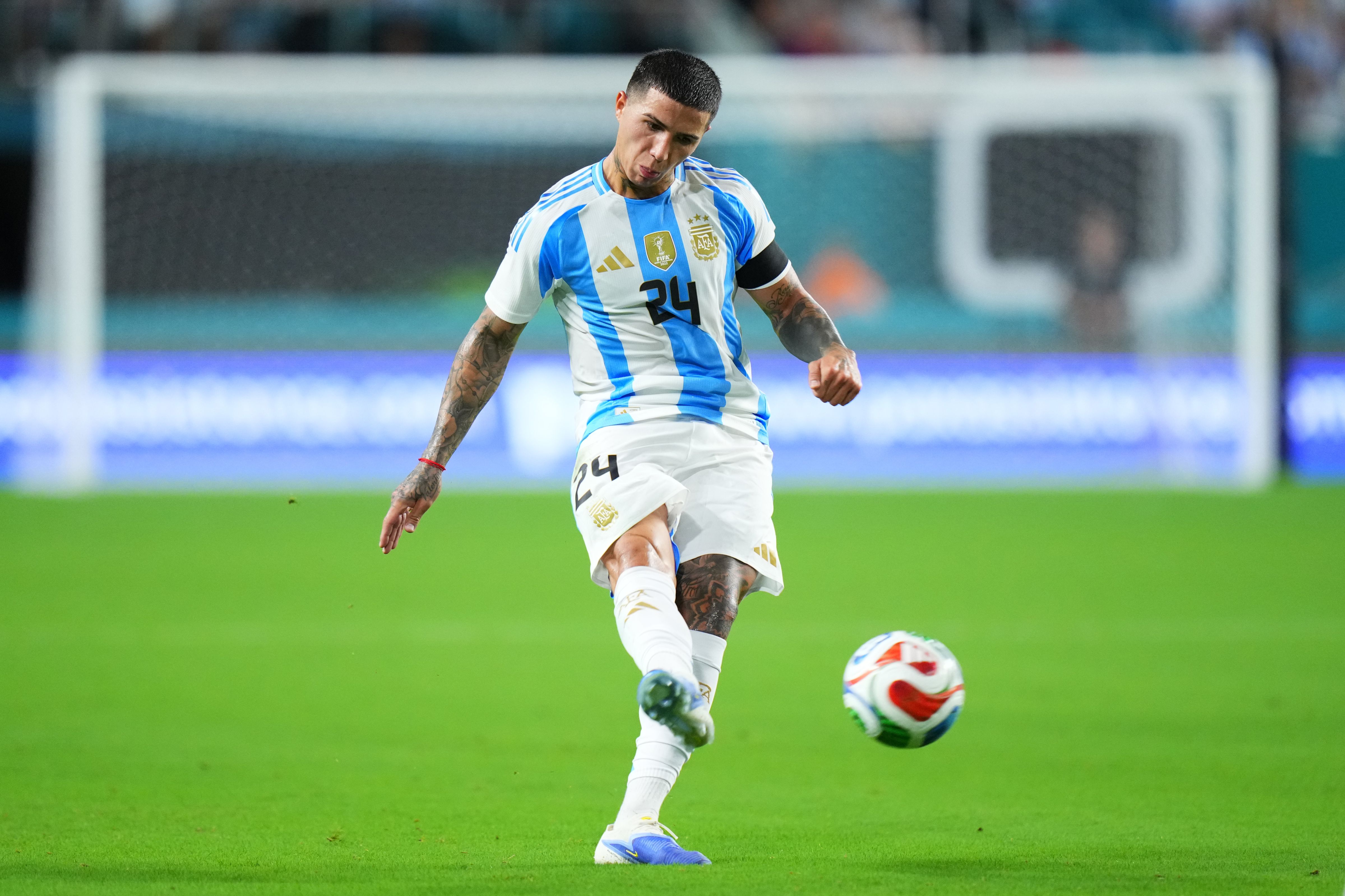 Enzo Fernandez of Argentina shoots during the International Friendly