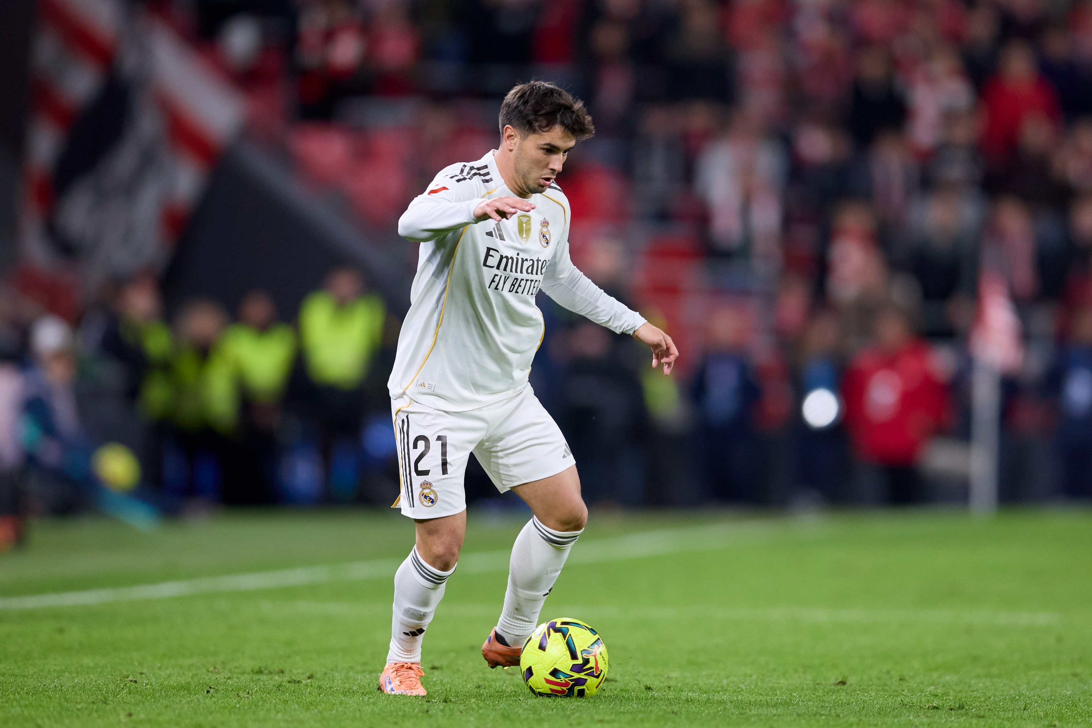 Brahim Diaz of Real Madrid CF carries the ball